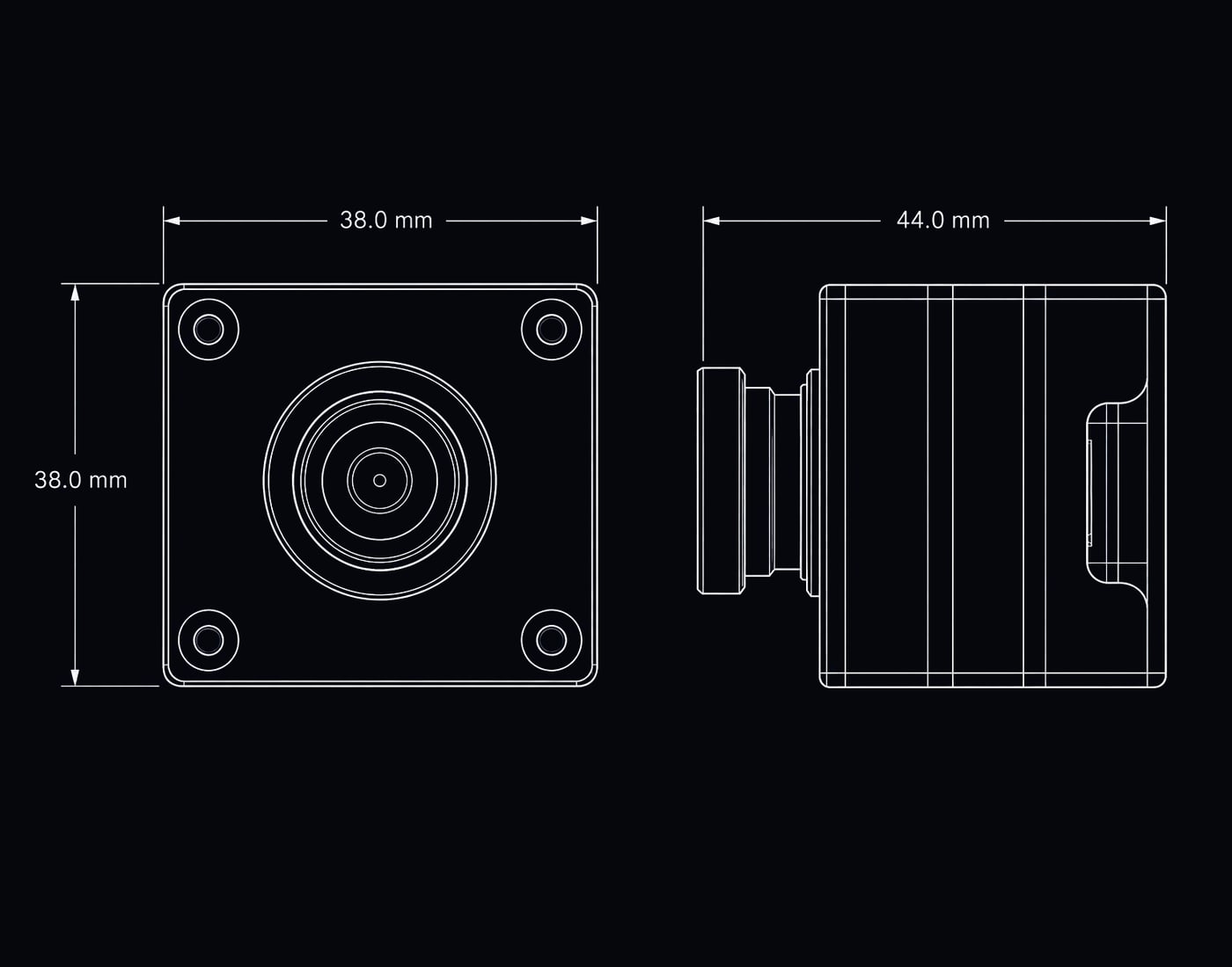 Front and side schematic views of the Cormorant N6, dimensioned at 38 × 38 × 44 mm.